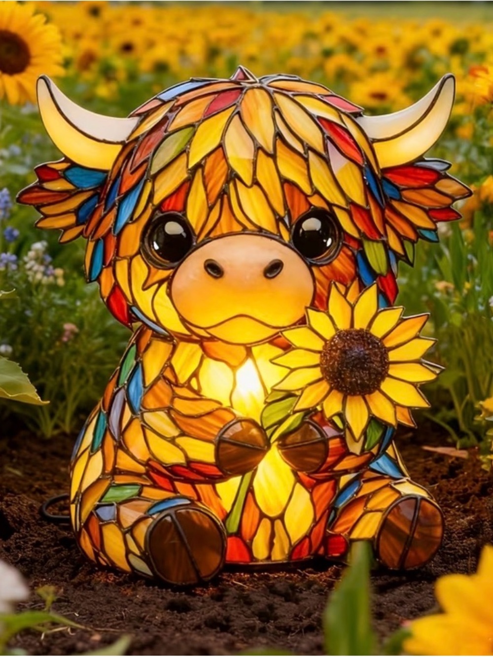 🌼🌼🌼BOGOHO🌼🌼🌼Stained Glass Highland Cow Lamp with Sunflower - Multicolor - Picture 7 of 8